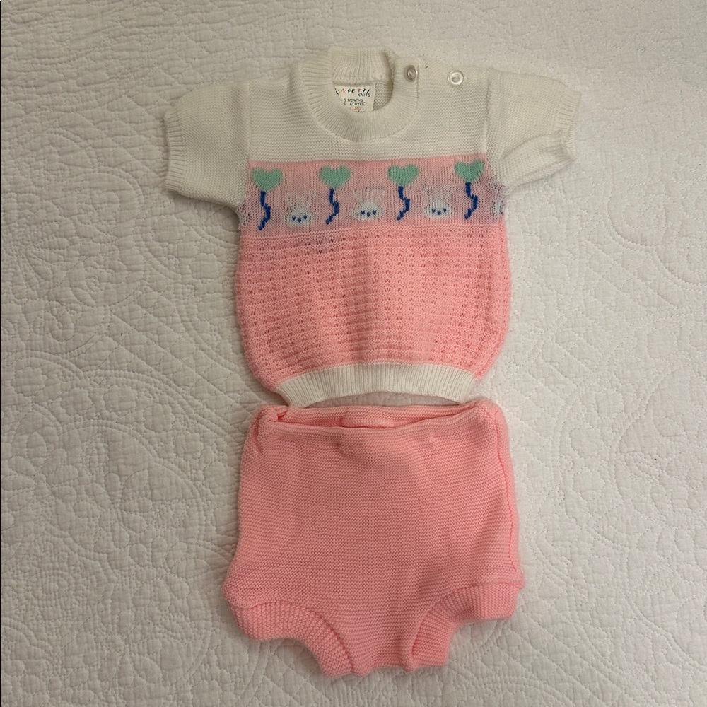 Vintage confetti sz 0-6 m Adorable Pink White Baby short sleeve knit Sweater set
